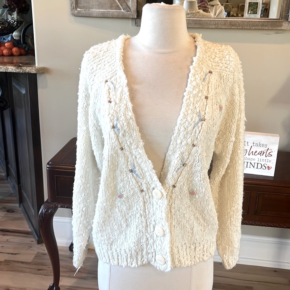 Vintage Sweater Beige Cardigan Womens M Button Up Popcorn Texture Embroidered